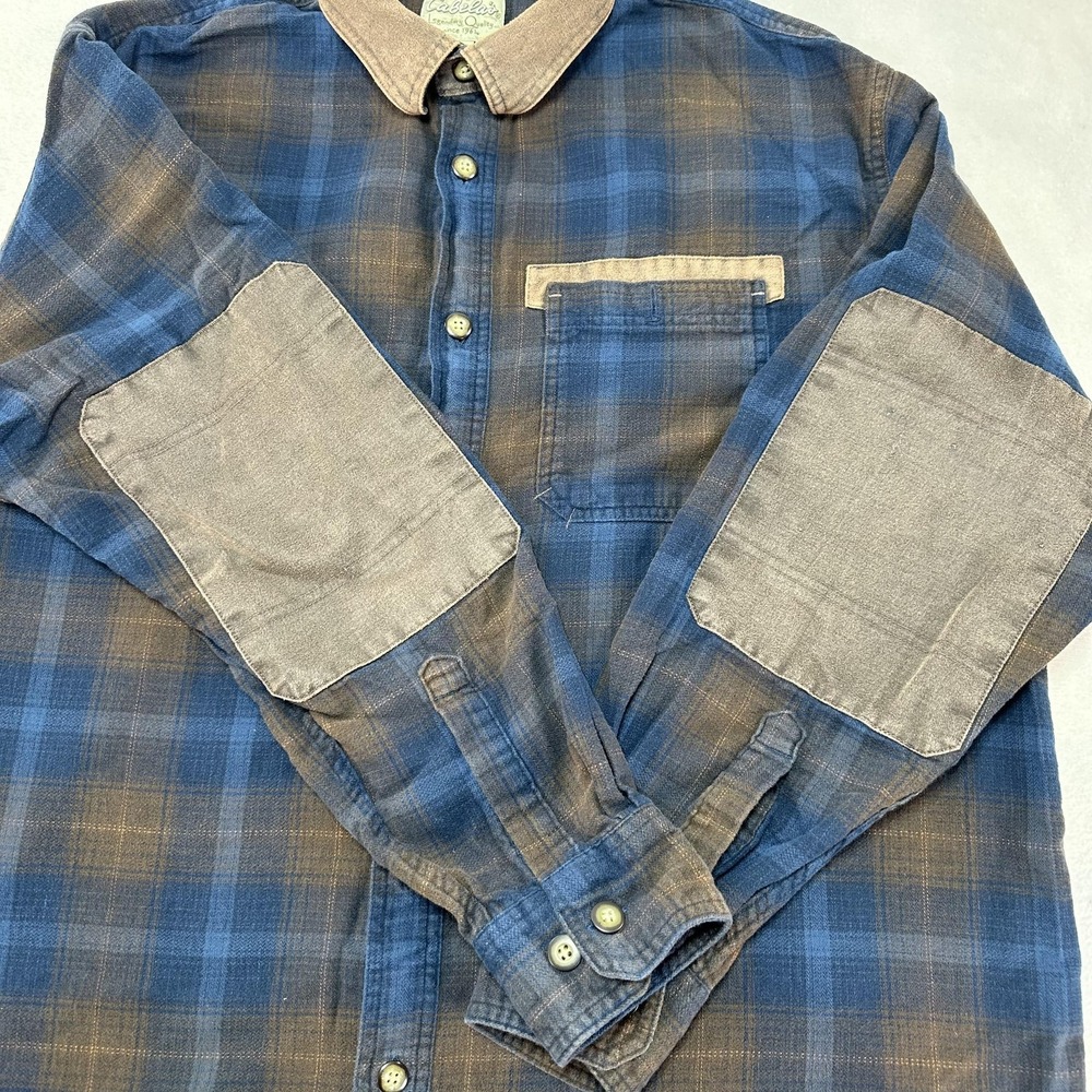 Cabela's Shirt Mens XL Blue Plaid Flannel Button Up Elbow Patches Workwear - Picture 3 of 10